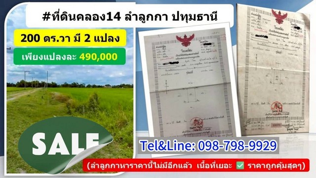 ที่ดินคลอง14ลำลูกกา ปทุมธานี 200 ตร.ว 490,000 ขายถูก