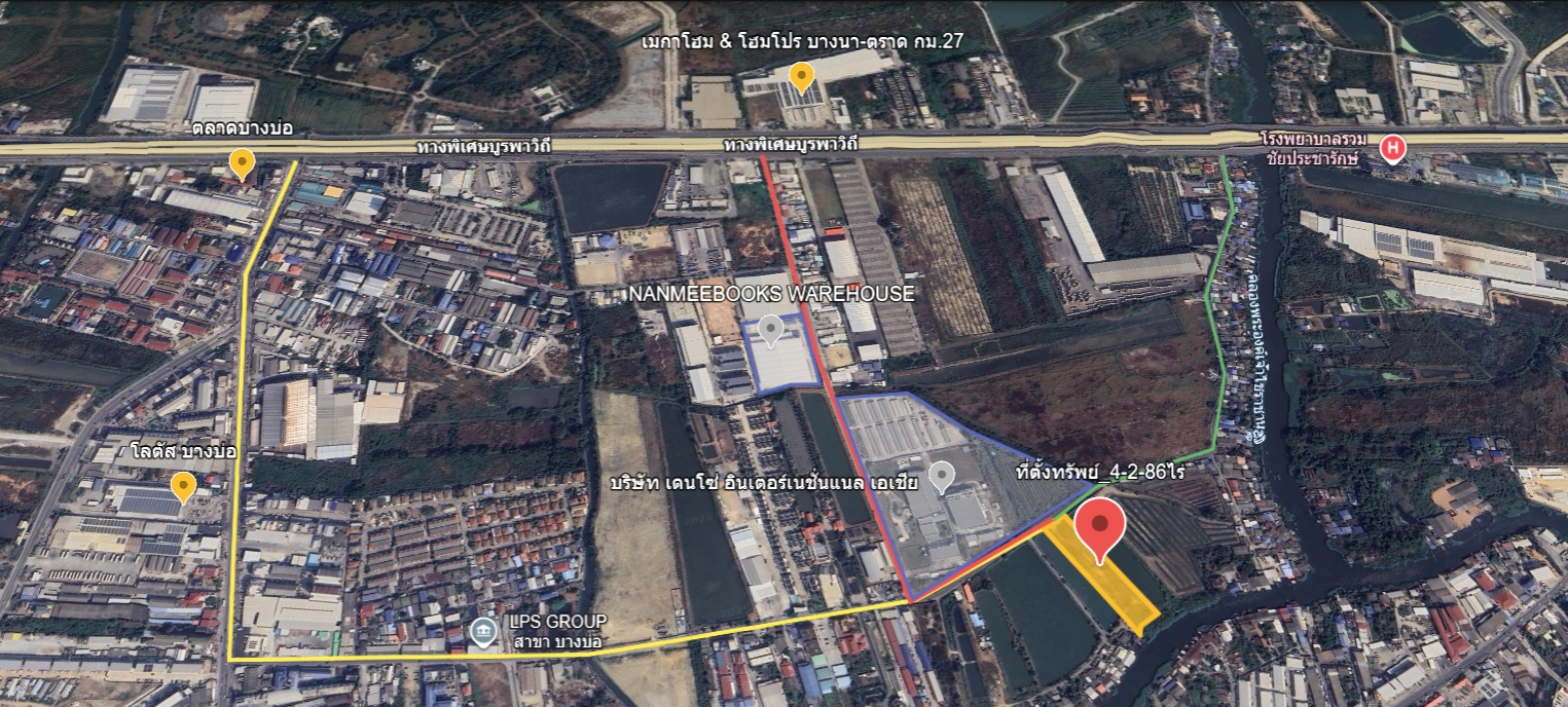 ขายที่ดินถมแล้ว 4-2-86 ไร่ ผังสีแดง บางบ่อ จ.สมุทรปราการ