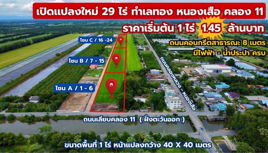 ขายที่ดินแปลงสวย ทำเลทอง คลอง 11 หนองเสือ จังหวัดปทุมธานี
