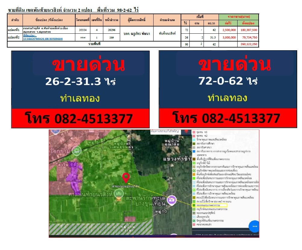 ขายที่ดิน ขนาดพื้นที่ดิน 98 ไร่ 2 งาน 62 ตารางวา จังหวัดสมุทรสาค