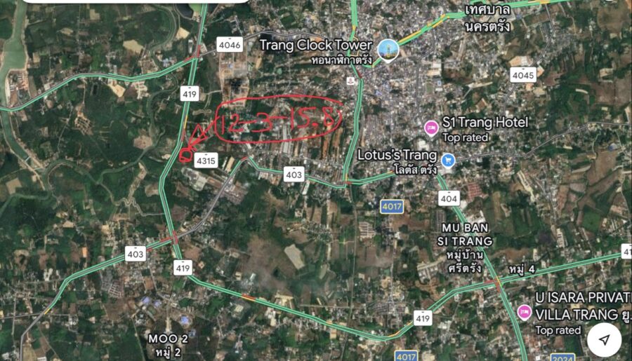 ขายที่ดินเปล่าติดถนนเลี่ยงเมืองตรังด้านใต้ฝั่งตะวันตก จังหวัดตรั