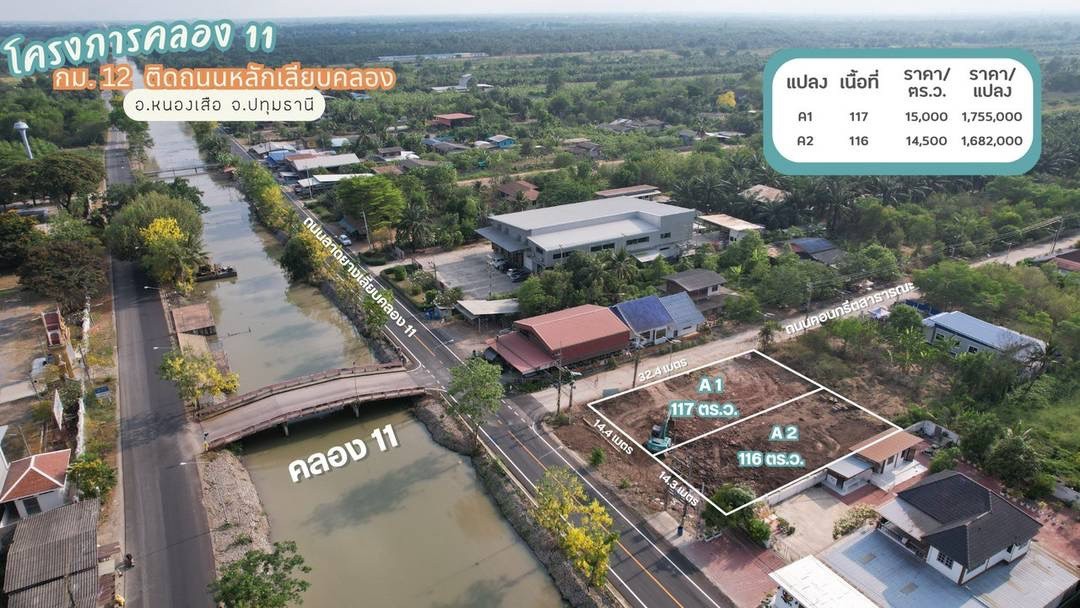 ขายที่ดินติดถนนสายหลักเลียบคลอง 11 ปรับถมแล้ว อ.หนองเสือ จ.ปทุมธา