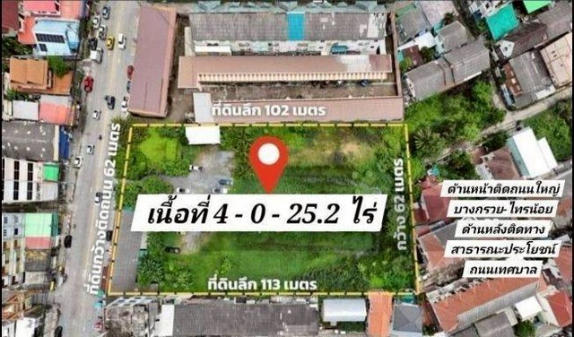 ขายที่ดินหน้ากว้าง 62 ม. ติดถนน 4 เลน ทำเลศักยภาพสูง บางกรวย–นครอ