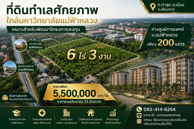 ขาย ที่ดินทำเลศักยภาพ ใกล้มหาวิทยาลัยแม่ฟ้าหลวง