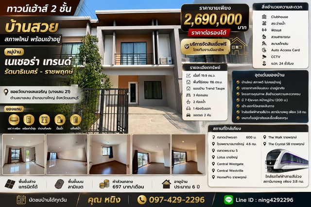 ขาย เนเชอร่า เทรนด์ รัตนาธิเบศร์ – ราชพฤกษ์ บ้านสวย สภาพใหม่