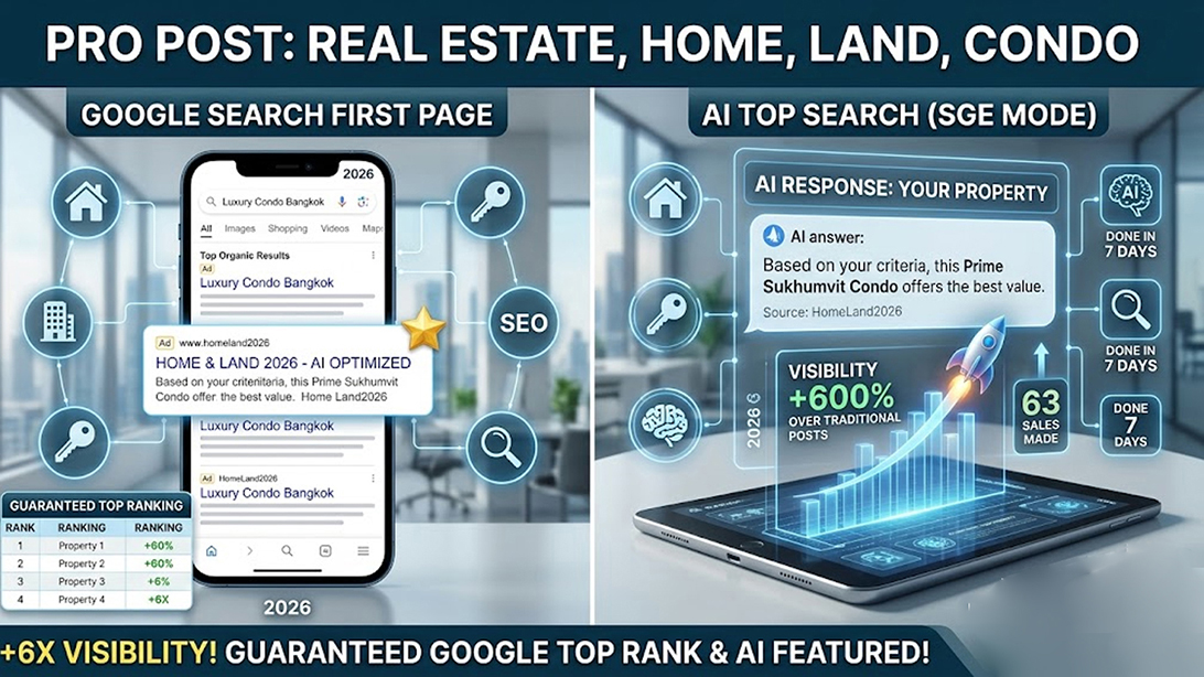 ประกาศ โฆษณา รับประกาศขายบ้าน โพสต์บ้านที่ดิน ไม่มีค่านายหน้า โฆษณาขายอสังหา ติดกูเกิลและAI
